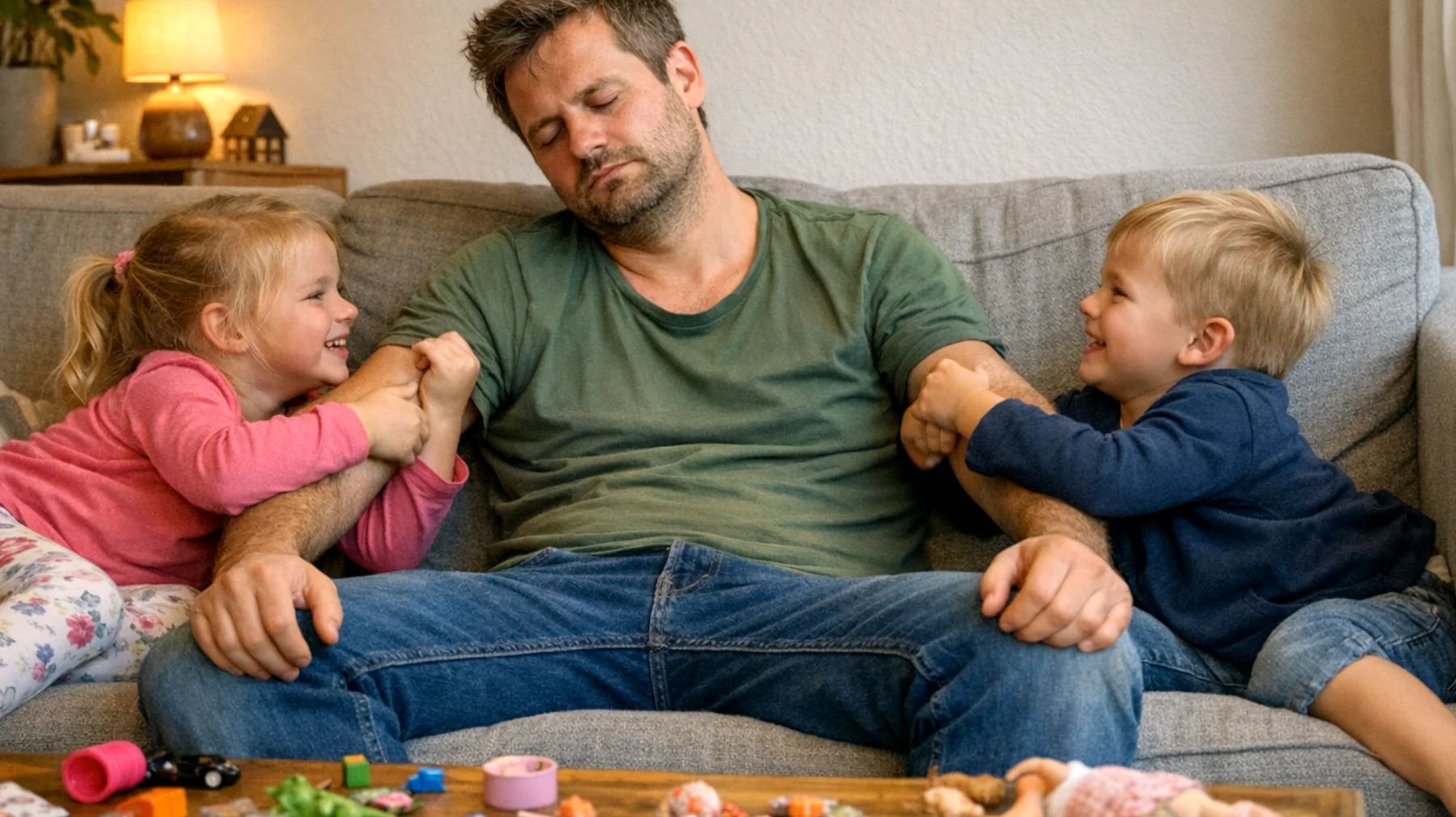 Der Vater findet es extrem schwierig, seinen Kindern gegenüber 'Nein' zu sagen. Wenn er Grenzen setzen muss – sei es beim Süßigkeitenkonsum, bei der Schlafenszeit oder bei Freizeitaktivitäten – gibt er dem Druck der Kinder nach, um Konflikte zu vermeiden und ihre Zuneigung nicht zu verlieren. Dies führt dazu, dass die Kinder zunehmend lernen, durch Beharren oder Weinen ihren Willen durchzusetzen."